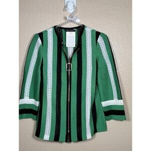 Ming‎ Wang Women Knit Zip-Up  Size XS Jacket Green Black White 3/4 Sleeve